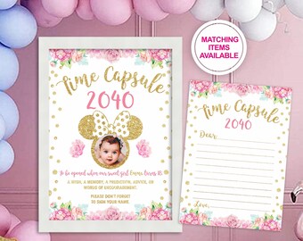 MINNIE MOUSE 1st Birthday party Time capsule sign and note Girl, Minnie  Mouse birthday decoration banner, Custom time capsule Printable