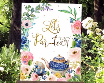 Welkomstbord Let's Par-Tea | Theekransje babyshower en verjaardagsposter | Aangepast bloemenbord | Directe digitale download