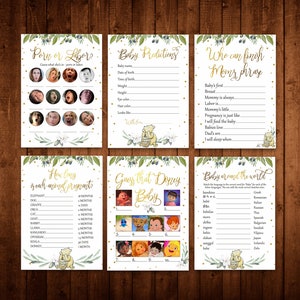 Instant download BABY SHOWER Printable Games Bundle Winnie the Pooh, Virtual Baby Shower Decorations Games Package, Baby Predictions