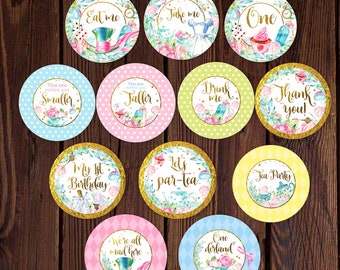 Alice in Wonderland Cupcake Toppers | Tea Party Stickers (Digital Download)