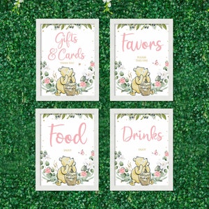 Panneaux d'anniversaire WINNIE THE POOH, affiches de fête de Winnie l'ourson, panneaux de table pour le 1er anniversaire de fille, cartes et cadeaux, panneau de faveurs, panneau de nourriture, boissons