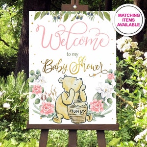 WINNIE THE POOH Baby Shower Welcome Sign, Baby Shower Posters Baby Girl Pink Party Wall Sign, digital instant download