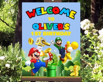 SUPER MARIO Welkomstbord 1e verjaardagsfeestjongen, Mario Bros Luigi afdrukbare poster, aangepast digitaal bord