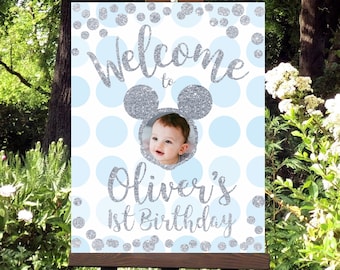 Welcome Mickey Mouse Sign | Custom Boy Photo Welcome Poster | Blue Gold Birthday Decor | Printable Digital Download