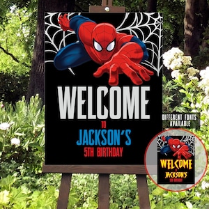 Letrero de bienvenida de Spiderman, póster de bienvenida imprimible para fiesta de cumpleaños de Spiderman, letrero personalizado de superhéroe Spider-Man