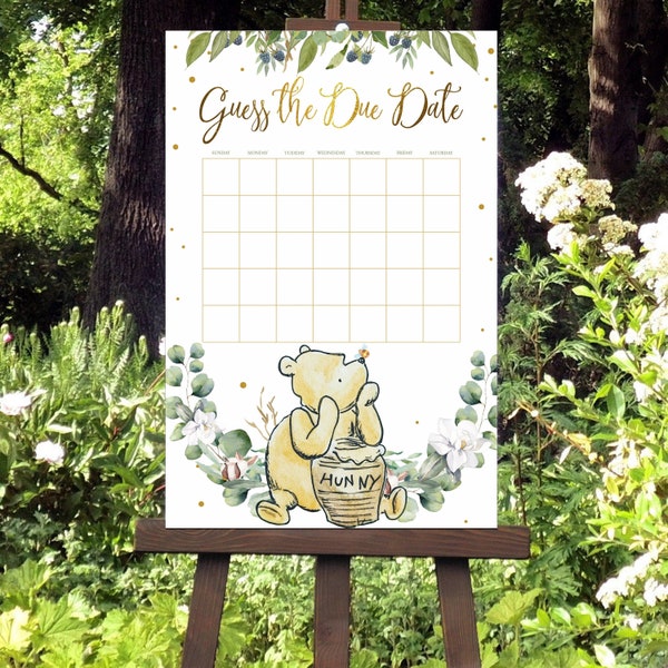 WINNIE THE POOH Ratespiel zum Geburtstermin des Babys, Eukalyptus-Babyparty-Spielschild, Greenery-Spiel-Vorhersagekalender für Babys und Mädchen, geschlechtsneutral