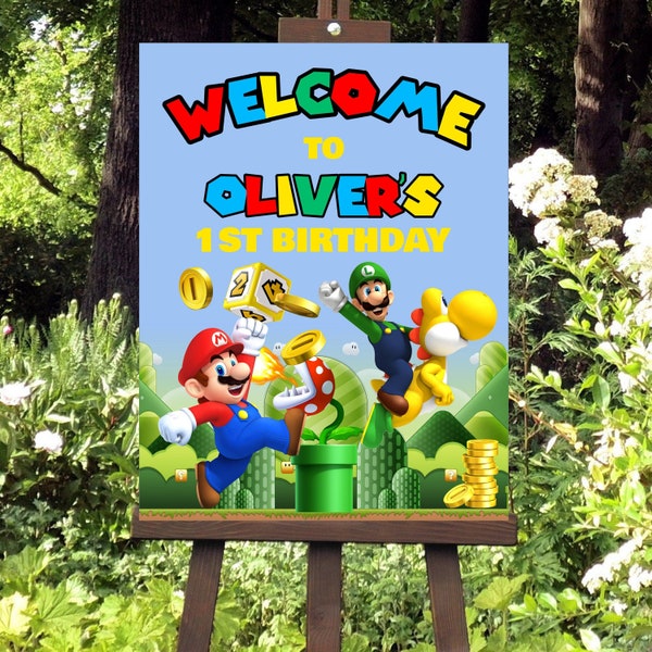 SUPER MARIO Welcome Sign 1st Birthday Party Boy, Mario Bros Luigi Printable Poster, Custom digital sign