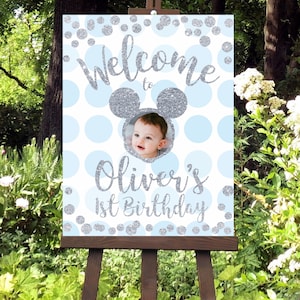 Letrero de bienvenida de Mickey Mouse imprimible personalizado, cartel de bienvenida de Mickey Mouse para fiesta de primer cumpleaños de niño, descarga digital