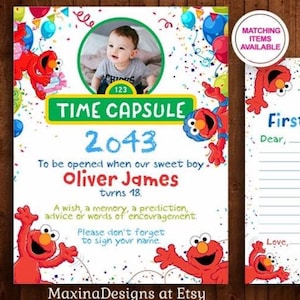 ELMO SESAME STREET - Cartello e cartello con scritta "Capsula del tempo" di SESAME STREET, decorazione per festa del 1° compleanno, stampabile personalizzabile