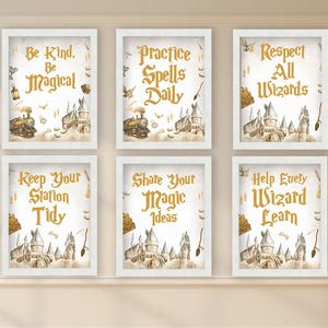 May include: Six framed prints with inspirational quotes in gold lettering, including "Be Kind, Be Magical" and "Practice Spells Daily." The prints feature illustrations of a train, castle, and magical elements. A circular sign reads "6 SIGNS READY TO PRINT INSTANT ACCESS."