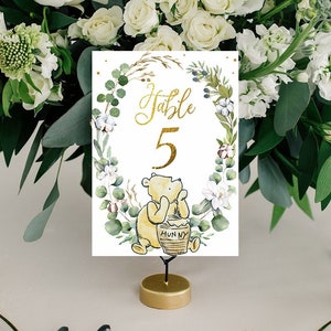 Tarjetas con números para mesas de baby shower de WINNIE THE POOH, tarjetas con letreros para mesas de fiesta de cumpleaños, listas para imprimir y descargar al instante.