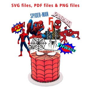 May include: A red and black Spiderman cake topper set with a red cake decorated with a black spider web design. The set includes a Spiderman figure, a number 5, a spider web, a speech bubble with the word "BOOM!" and another speech bubble with the word "THWACK!"
