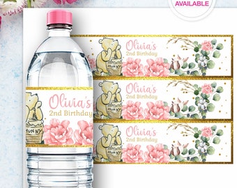 WINNIE THE POOH Bottle Label, Baby Shower Bottle label wrapper, 1st Birthday Girl party decoration, Water Bottle label