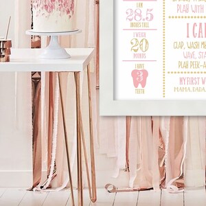 May include: A pink and gold printable milestone chart for a baby's first year. The chart includes the baby's age, height, weight, and number of teeth. The chart is decorated with a pink tooth, gold stars, and a pink and gold polka dot border.