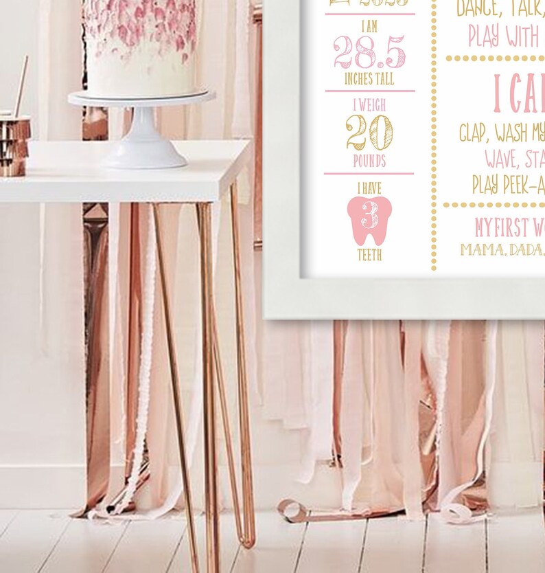 May include: A pink and gold printable milestone chart for a baby's first year. The chart includes the baby's age, height, weight, and number of teeth. The chart is decorated with a pink tooth, gold stars, and a pink and gold polka dot border.