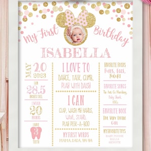 May include: Pink and gold first birthday sign with a photo of a baby girl in a Minnie Mouse headband. The sign includes the baby's name, Isabella, and details about her first year, including her height, weight, and favorite things.