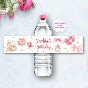 PINK BOW Label Water Bottle, Coquette Bottle Label wrapper Birthday Party, Custom Printable Digital