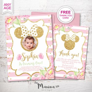 Invitación de Minnie Mouse, invitación para el primer cumpleaños de una niña, primer cumpleaños de una niña, fiesta de Minnie Mouse, etiquetas de Minnie Mouse, pegatinas de Minnie Mouse