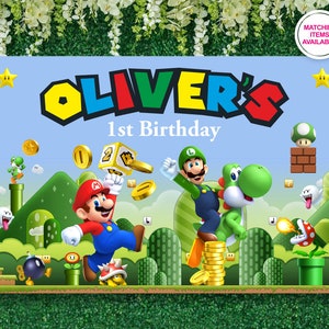 Fondo de pared de SUPER MARIO, fondo de vinilo imprimible para fiesta de primer cumpleaños de niño, Mario Bros Luigi, fondo personalizado