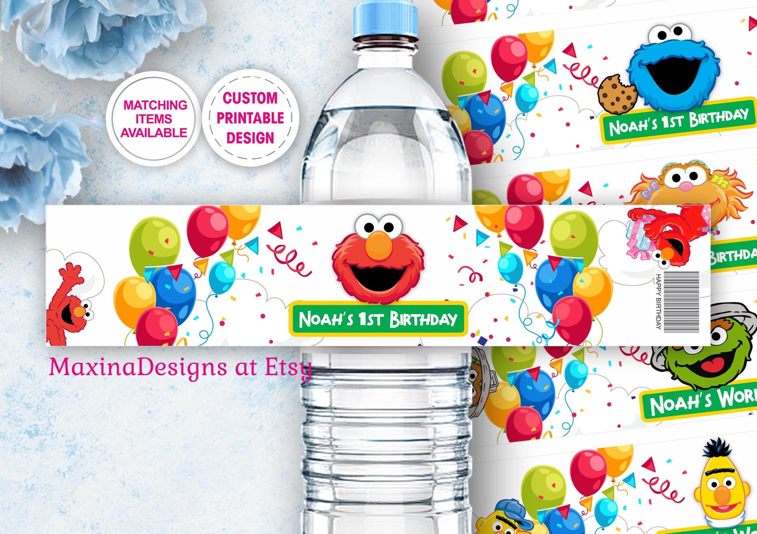 SESAME STREET Water Bottle Label Custom wrapper Sesame street Elmo First 1st Birthday party, Printable digital