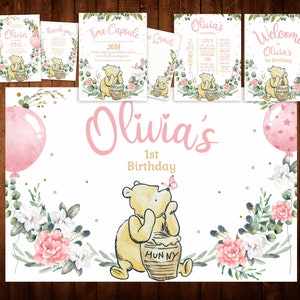 Winnie the Pooh Birthday Bundle | Invitation, Thank You, Welcome Sign, Backdrop, Milestone Poster & Time Capsule | Printable Party Set
