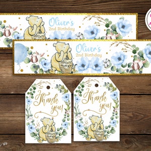 Étiquette de bouteille WINNIE THE POOH, étiquette de cadeau imprimable, décoration de fête pour le 1er anniversaire de garçon, emballage d'étiquette de bouteille d'eau de douche de bébé