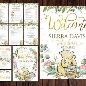 Custom Winnie the Pooh Girl Baby Shower Bundle | Personalized Invitation, Welcome Sign & Games | Pink Pooh Party Decor | Digital Set