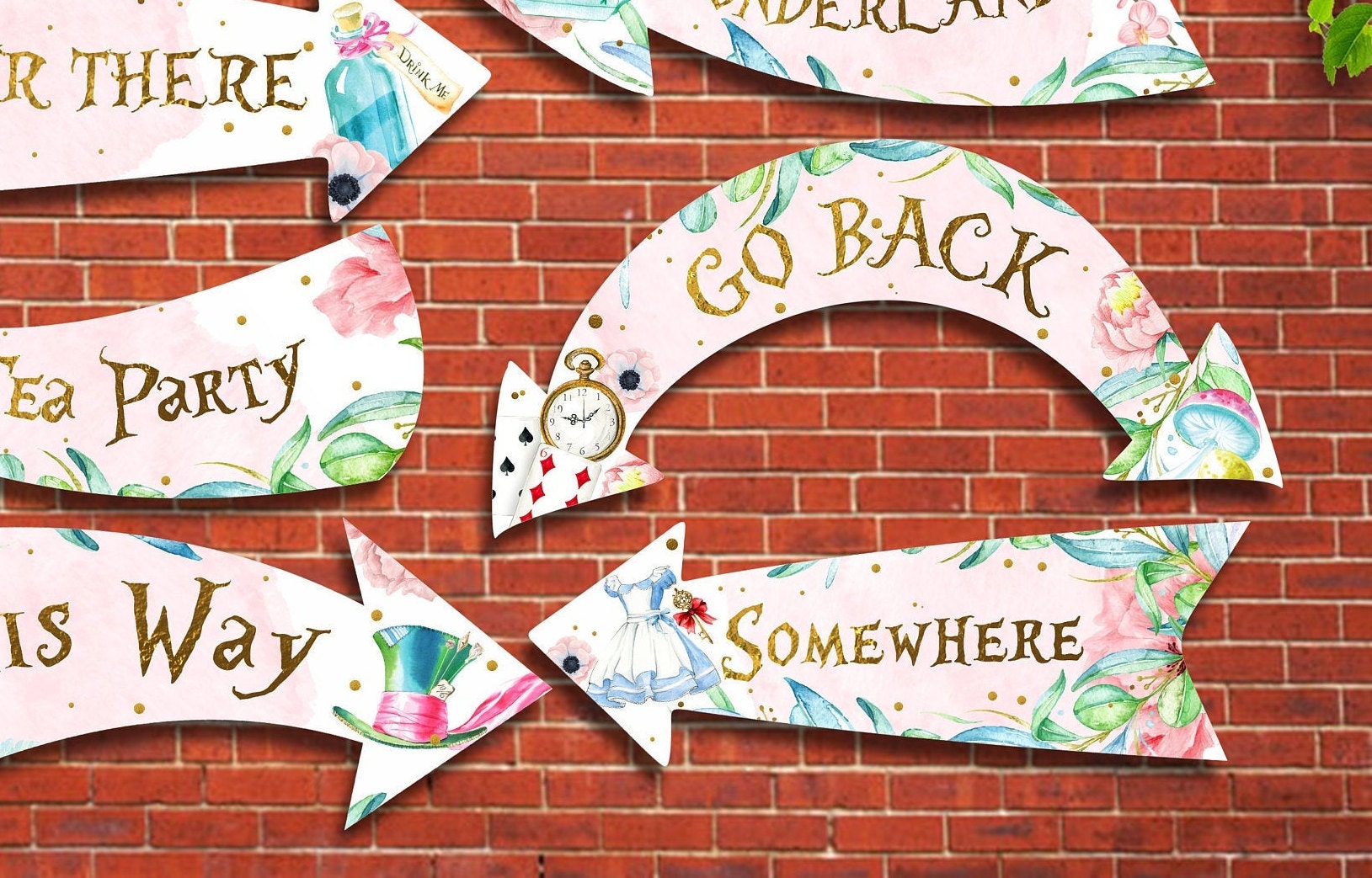 Set 10 Cartelli A Freccia Tema Alice Nel Paese Delle Meraviglie - Per Feste, Tè Del Cappellaio Matto - Foto 12