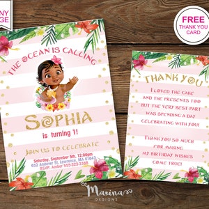 Invito di compleanno per Baby Moana, invito per Baby Moana, invito per Baby Moana, invito di compleanno per bambina, glitter oro rosa