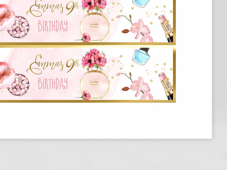 May include: Two pink and gold banners with the text "Emma's 9th Birthday" in gold lettering. The banners feature a pink and white floral design, a bottle of perfume, a compact, and a lipstick.