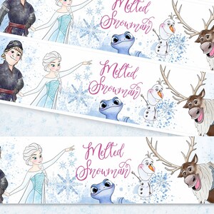 May include: Three printable labels featuring characters from the animated movie Frozen. The labels feature Elsa, Anna, Olaf, Sven, and a blue salamander. The text on the labels reads "Melted Snowman".
