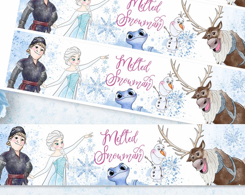 May include: Three printable labels featuring characters from the animated movie Frozen. The labels feature Elsa, Anna, Olaf, Sven, and a blue salamander. The text on the labels reads "Melted Snowman".