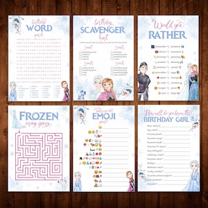 May include: A set of printable Frozen-themed party games for kids. The games include a word search, scavenger hunt, would you rather, maze, and emoji game. The games feature images of Elsa, Anna, Olaf, and Kristoff.