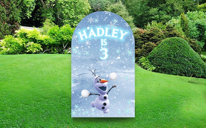 May include: A blue and white Frozen themed birthday party backdrop with a picture of Olaf the snowman throwing snowballs. The backdrop has the text "HADLEY IS 3" on it.