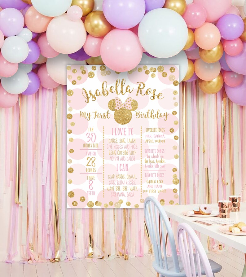 Puede incluir: Un cartel de primer cumplea&ntilde;os rosa y dorado con un gr&aacute;fico de cabeza de Minnie Mouse. El cartel enumera la edad, la altura, el peso y los alimentos, canciones y libros favoritos del ni&ntilde;o. El texto dice "Isabella Rose Mi primer cumplea&ntilde;os Tengo 30 pulgadas de alto Peso 28 libras Tengo 8 dientes Me encanta bailar, cantar, re&iacute;r, dar besos y abrazos, estar afuera con mam&aacute; y pap&aacute; Puedo aplaudir, gatear, cantar, dar besos, despedirme, caminar, decir mam&aacute;, pap&aacute; Comida favorita leche, pl&aacute;tano, manzana, yogur Canciones favoritas las ruedas del autob&uacute;s, brilla, brilla peque&ntilde;a estrella Libros favoritos huevos verdes y jam&oacute;n, dos primeras palabras"