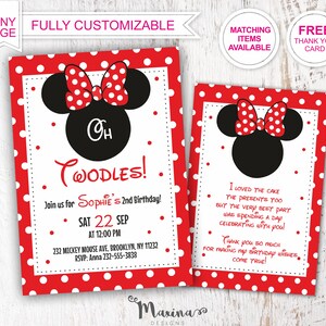 Oh Twodles Minnie Mouse Invitation, Minnie Mouse Birthday party, 2nd second birthday invitations, Minnie mouse outfit girl decor, red black