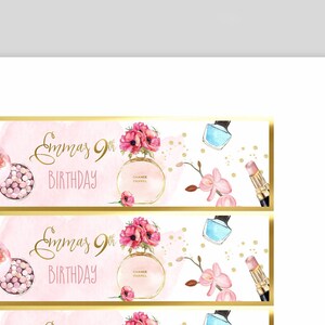 May include: Two pink and gold printable banners with the text "Emma's 9th Birthday" and images of perfume bottles, makeup, and flowers.