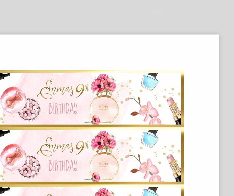 May include: Two pink and gold printable banners with the text "Emma's 9th Birthday" and images of perfume bottles, makeup, and flowers.