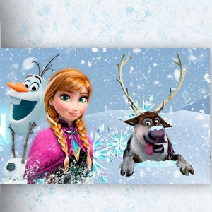 May include: A blue and white winter scene with Olaf the snowman, Anna from Frozen, and Sven the reindeer.  Olaf is smiling and has a carrot nose. Anna is wearing a pink and purple dress with a braid. Sven is sticking his tongue out.
