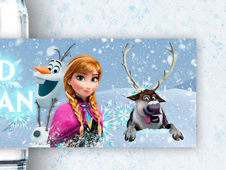 May include: A blue and white winter scene with Olaf the snowman, Anna from Frozen, and Sven the reindeer.  Olaf is smiling and has a carrot nose. Anna is wearing a pink and purple dress with a braid. Sven is sticking his tongue out.