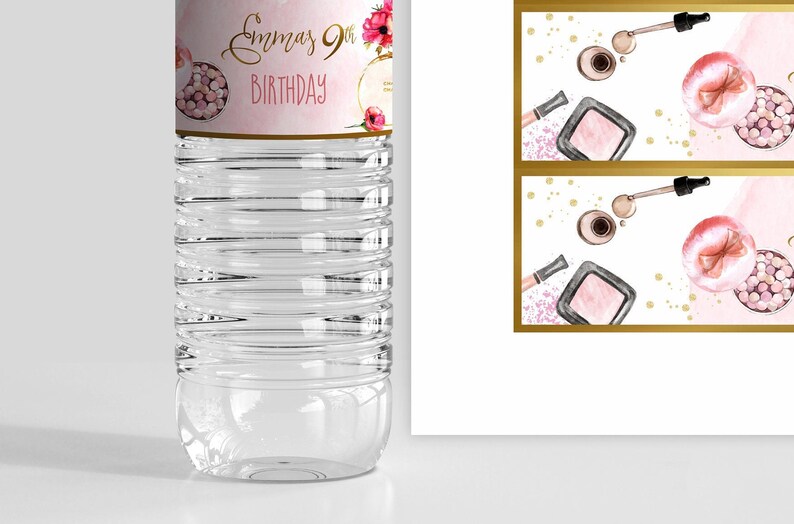 May include: Water bottle label with a pink and gold design featuring makeup brushes, blush, and the text "Emma's 9th Birthday".