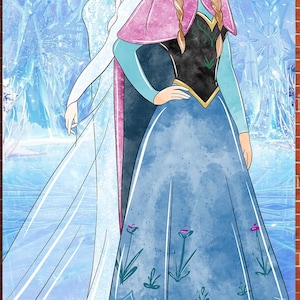 Puede incluir: Una ilustraci&oacute;n de acuarela de dos princesas, una con un vestido azul y negro con una capa rosa y la otra con un vestido blanco. Las princesas est&aacute;n de pie frente a un fondo azul y blanco con cristales de hielo.