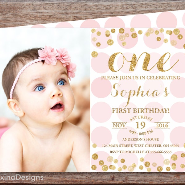 First Birthday Invitation Girl 1st Birthday Pink and Gold Glitter Invite, Blush pink confetti invitation, Printable pink photo invite