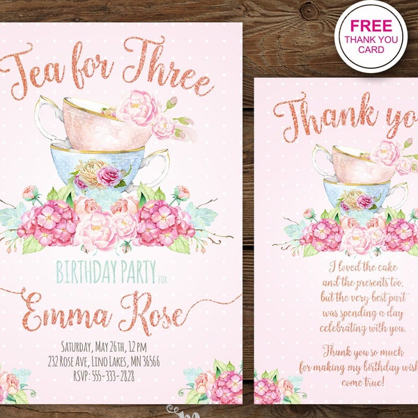 Tea for Three Birthday Invitation, 3rd Birthday Invite Third, Tea Party Invite, Par-tea Birthday Invitation