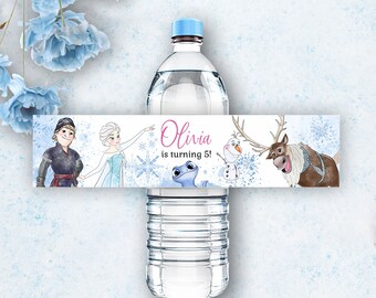 Etiqueta de botella de AGUA CONGELADA, envoltorio de etiqueta de botella de agua congelada de Elsa y Anna, etiqueta imprimible personalizada de decoración de fiesta congelada