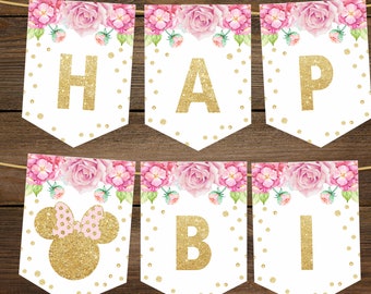 Guirnalda floral de cumpleaños con el alfabeto de Minnie Mouse (descarga digital)