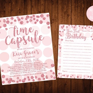 Placa da Cápsula do Tempo, pôster da Cápsula do Tempo, convite para festa de 1º aniversário de menina, primeiro aniversário de menina, rosa ouro rosa