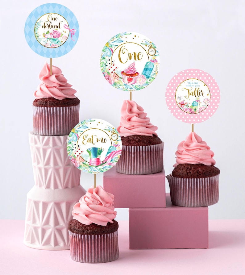 ALICE IN WONDERLAND Cupcake Toppers Onederland Round Labels Etsy