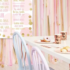 Puede incluir: Un p&oacute;ster imprimible rosa y dorado con una lista de los alimentos, canciones y libros favoritos de un beb&eacute;. El p&oacute;ster est&aacute; decorado con lunares dorados con purpurina. El p&oacute;ster est&aacute; colgado en una pared con serpentinas rosas y doradas.