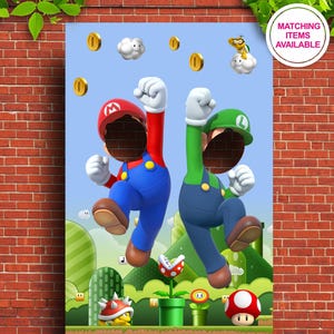 SUPER MARIO Photo Prop toile de fond visage dans le trou signe, décoration de fête d'anniversaire bricolage imprimable téléchargement numérique